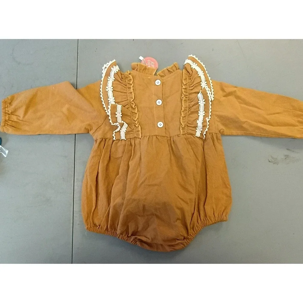Baileys Blossoms Mustard Yellow Lace Ruffle Long Sleeve‎ Bubble Romper NWT